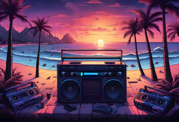 Retro beach sunset, music player, palm trees, waves, old school music vibe, evoking memories of a relaxing summer evening.