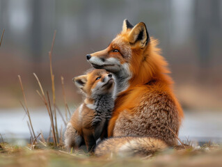 A mother fox with her baby fox, showcasing her love and care in the wild. Beautiful picture for mothers day greeting card, prints, wallpapers