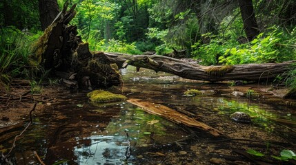 Old shattered trees resting in a transparent stream