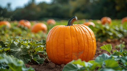 Close up single large pumpkin in pumpkin field, surrounded by green plants and other pumpkins