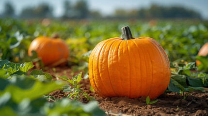 Close up single large pumpkin in pumpkin field, surrounded by green plants and other pumpkins
