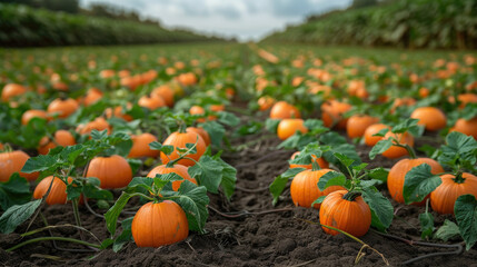 Orange pumpkins in field, harvest season on farm, harvested pumpkins during autumn sunset