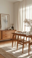 Fototapeta premium Bright dining room with a mockup frame on the buffet