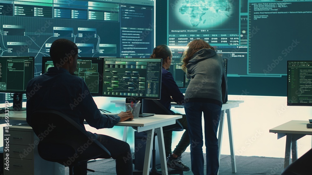 Poster governmental hackers team securing computer systems from cyber threats, working together in agency c
