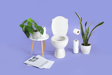 Toilet bowl with paper rolls, plants and newspapers lilac background