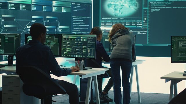 Governmental hackers team securing computer systems from cyber threats, working together in agency control room. Emphasizing encryption, online security and espionage against cyber attacks. Camera A.