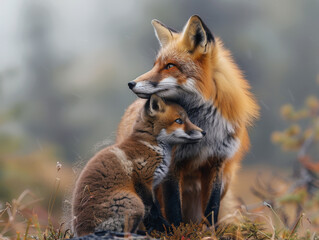 A mother fox with her baby fox, showcasing her love and care in the wild. Beautiful picture for mothers day greeting card, prints, wallpapers
