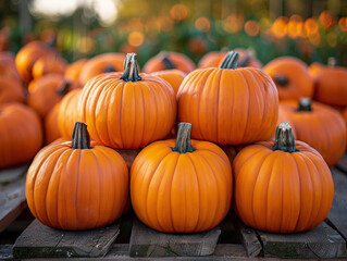 Large pile orange pumpkins stacked together, background blurred to highlight detailed textures