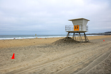 Lifeguard Tower at breezy Pacific Beach near Crystal Pier on a gloomy morning, San Diego, California