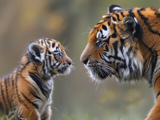 Fototapeta premium A beautiful tiger and her cub walking in the savannah during golden hour lighting. Perfect for greeting cards, wallpapers, prints