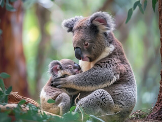 Fototapeta premium A koala and her baby cuddling each other in the golden sunlight of an Australian forest, their fur glowing with warm hues. Perfect for greeting cards, prints, wallpapers