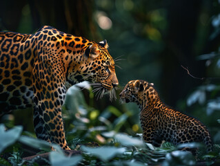 Obraz premium A beautiful leopard and her cub playing in the forest during golden hour, evening. Perfect for greeting cards, wallpapers, prints