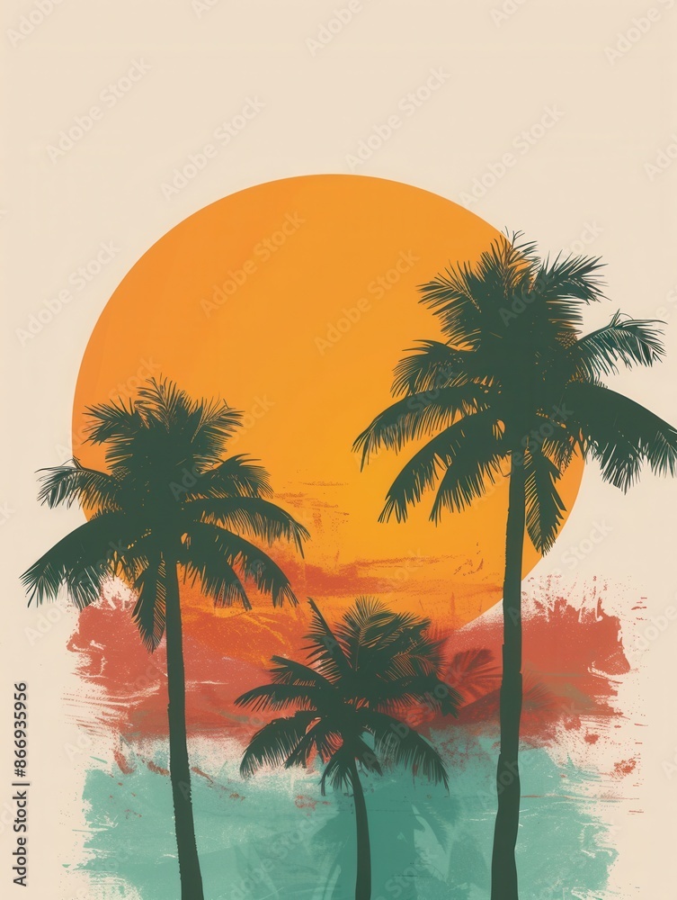 Poster a minimalist and vibrant image featuring silhouettes of palm trees against a setting sun on a beach.