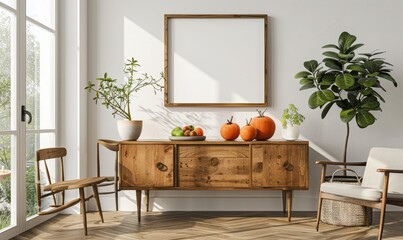 Bright dining room with a mockup frame on the buffet
