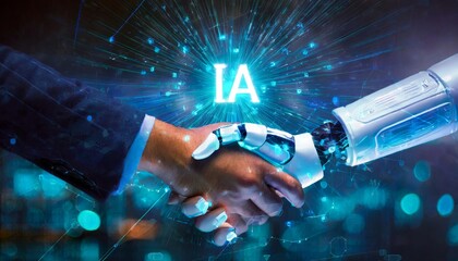 Hands shaking man and robot IA inteligencia artificial