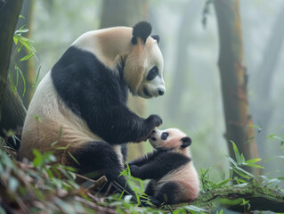 Obraz premium A mother panda and her cub in the lush greenery of a forest, their black-and-white fur contrasting with vibrant foliage under soft sunlight.Perfect for wallpapers, art prints