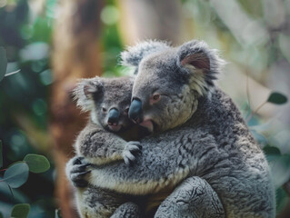Obraz premium A koala and her baby cuddling each other in the golden sunlight of an Australian forest, their fur glowing with warm hues. Perfect for greeting cards, prints, wallpapers