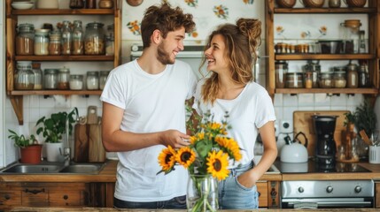 A man and woman are smiling at each other in a kitchen. The woman is holding a vase of sunflowers