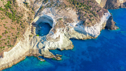 View of the volcanic open cave of Sykia, Milos island, Cyclades, Greece