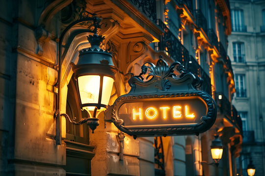 Illuminated Parisian hotel sign taken at dusk