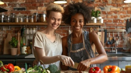 Two women are smiling and standing in a kitchen, preparing food. They are both wearing aprons and are cutting vegetables on a cutting board