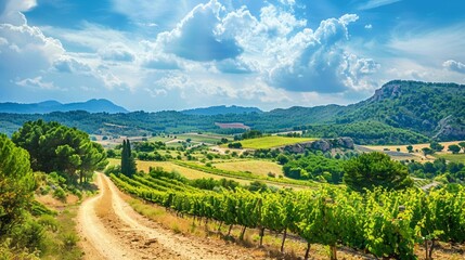 Fototapeta premium A dirt road winds through rolling hills covered in lush vineyards, with a backdrop of mountains and a bright blue sky