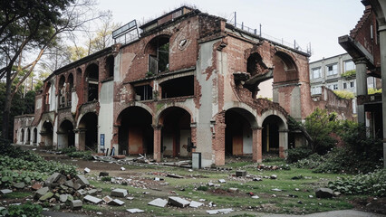 Obraz premium arafed building with a lot of rubble and debris on the ground