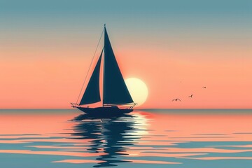 Sailboat silhouette at sunset exudes peace and tranquility, ideal for sea travel and yachting companies. Generative AI