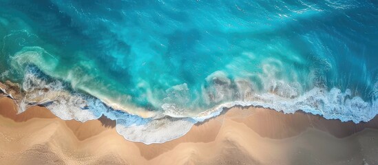 Fototapeta premium Turquoise Water Beach Scenery with Text Space: Aerial Drone View of Stunning Sandy Shore