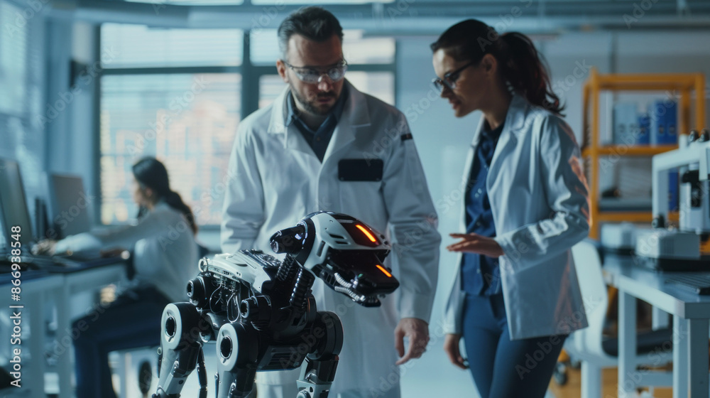 Poster two robotics engineers, one male and one female, stand in a laboratory setting, examining a futurist