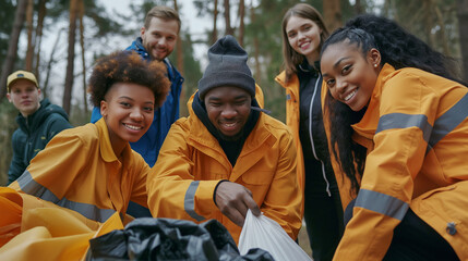 Obraz premium Team of young and diversity volunteer worker group enjoy charitable social work outdoor in cleaning up garbage and waste separation project