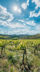 Fototapeta premium A picturesque view of a vineyard in Tuscany, Italy, with lush green vines, a bright blue sky, and scattered white clouds