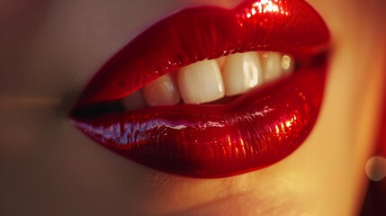 Obraz premium Close-Up of Glossy Red Lips Biting Teeth in Vivid Lighting