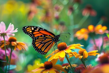 Fototapeta premium Monarch butterfly is enjoying the nectar of a bright yellow coneflower in a vibrant summer garden