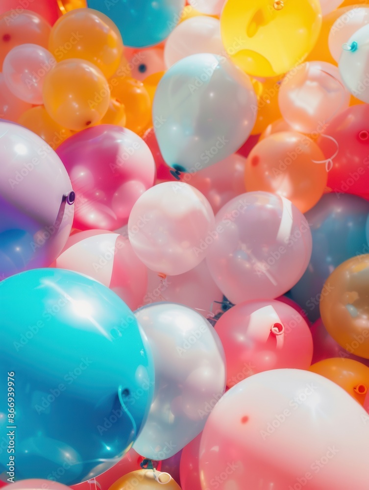 Poster A close-up shot of various colorful balloons in different shapes, decorating a celebratory event. The vibrant colors and playful shapes create a cheerful and festive atmosphere. Generative AI