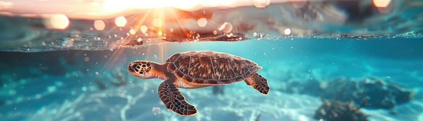 A serene view of a sea turtle swimming underwater with sunlight filtering through the clear blue ocean waters.