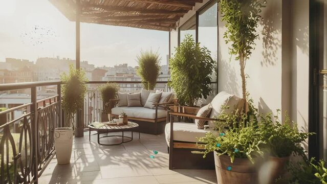 Balcony terrace with sunset atmosphereSeamless 4k time lapse virtual video animation background
