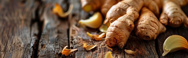 Fototapeta premium Close-up of fresh ginger roots on a rustic wooden table