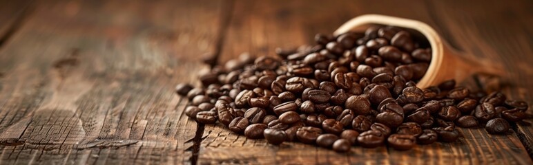 Fototapeta premium Heap of coffee beans on rustic wooden surface
