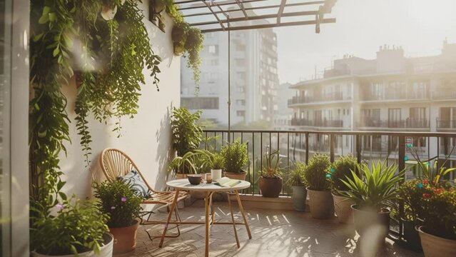 Balcony terrace with sunset atmosphere.Seamless 4k time lapse virtual video animation background