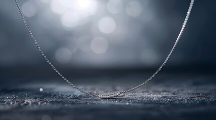 A close-up of a minimalist metallic silver necklace against a dark grey background, with dramatic lighting and sparks adding a touch of elegance