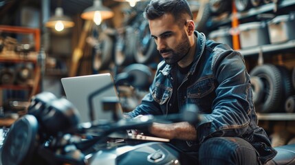 A man is sitting on a motorcycle and using a laptop. He is wearing a blue jacket and has a beard. Concept of relaxation and leisure