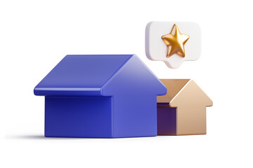 Two 3d houses with star for hot real estate offer for customer. Residential buildings. Concept of real estate market. Housing market predictions, trends and tendencies. Mortgage loan. Economic