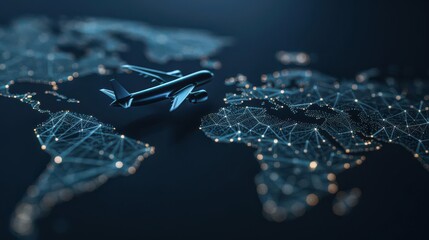 Glowing blue polygonal airplane and world map for global connectivity themes glow blue polygonal aeroplane earth map global connectivity theme travel graphic oneness aerospace desi
