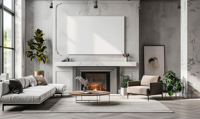 Modern living room with a blank canvas on the mantel