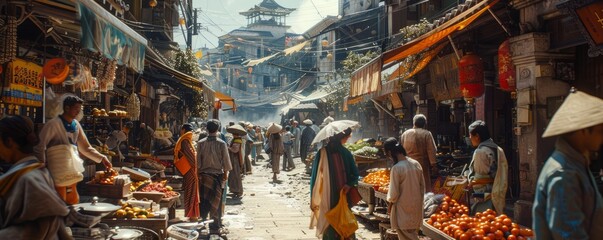 A bustling street market in Asia. Realistic.