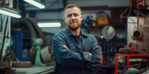 A man with a beard and a blue shirt is standing in a garage with his arms crossed. He is smiling and he is proud of his work