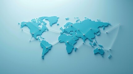 A simple, blue world map with white lines connecting various points, symbolizing global travel and exploration. Generative AI