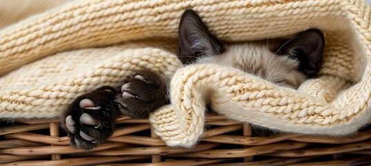 Obraz premium Siamese kitten s delicate paws in cream knitted blanket textured close up in wicker basket