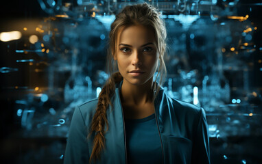 A portrait of a young woman with a braided ponytail wearing a blue jacket and posing in front of a blue and yellow futuristic background